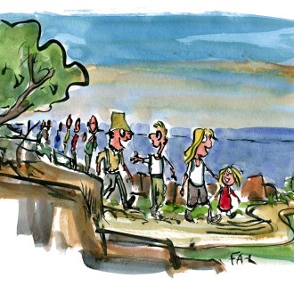 Hikers illustration walking along the coast