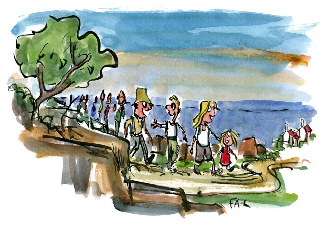 Hikers illustration walking along the coast