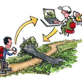hiker using app to give feedback about the trail conditions, illustration by Frits Ahlefeldt