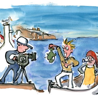 illlustration video reportage of small harbor with fish
