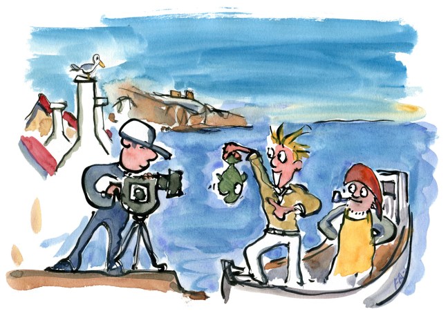 illlustration video reportage of small harbor with fish