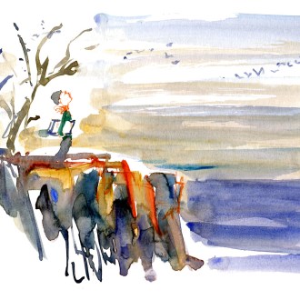 Watercolor of artist standing on the cliffs looking at birds above the sea, watercolor by Frits Ahlefeldt
