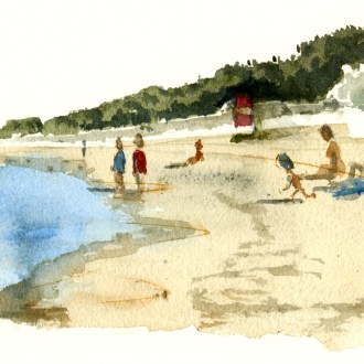 Balka beach with kids, akvarel - Watercolor by Frits Ahlefeldt Bornholm Coast path