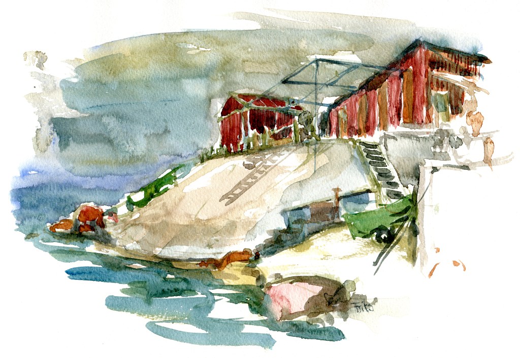 Shack, fiskerskur, sose, akvarel - Watercolor by Frits Ahlefeldt Bornholm Coast path