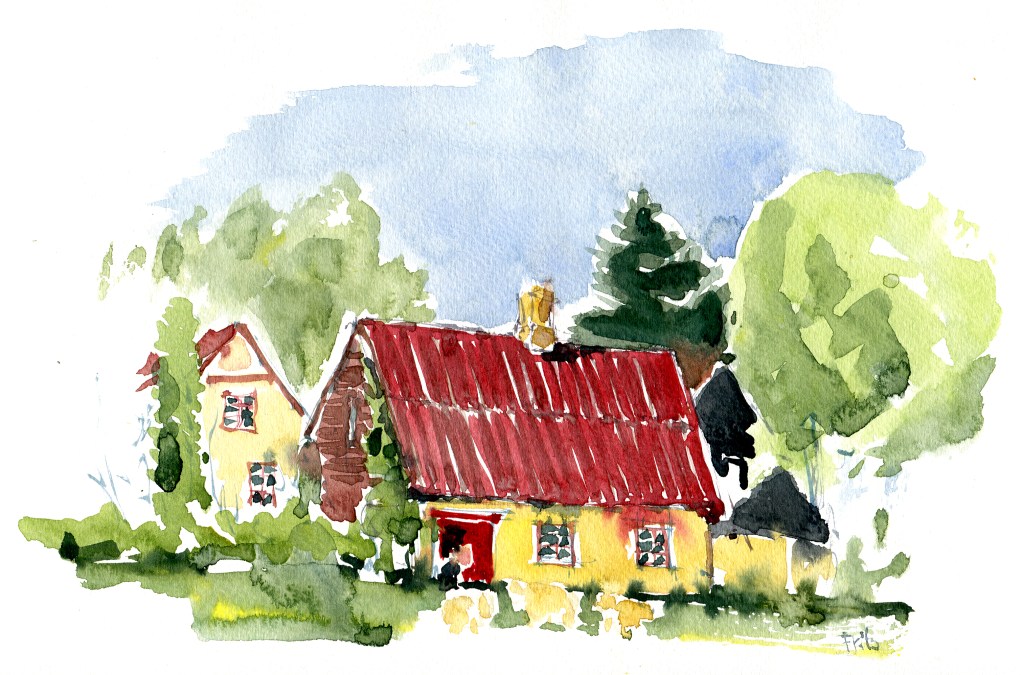 Roenne, akvarel - Watercolor by Frits Ahlefeldt Bornholm Coast path