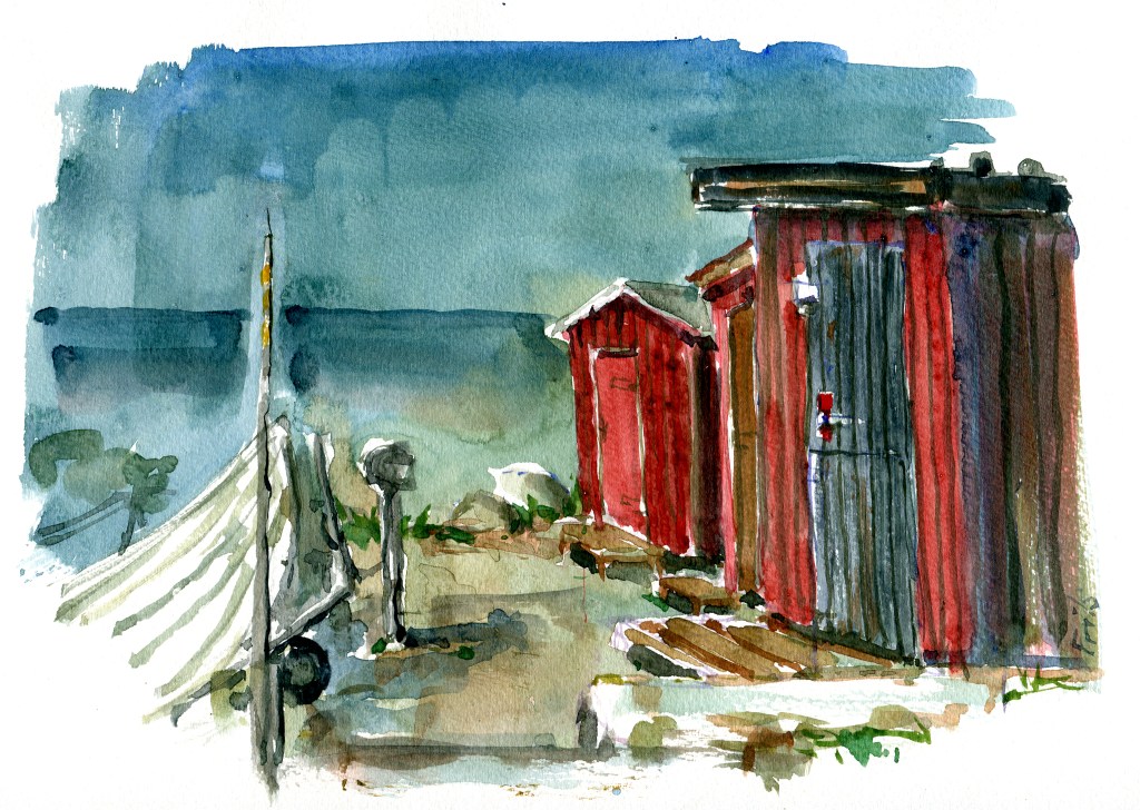 Sose odde, akvarel - Watercolor by Frits Ahlefeldt Bornholm Coast path