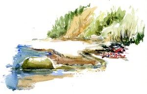 Sydstranden, akvarel - Watercolor by Frits Ahlefeldt Bornholm Coast path