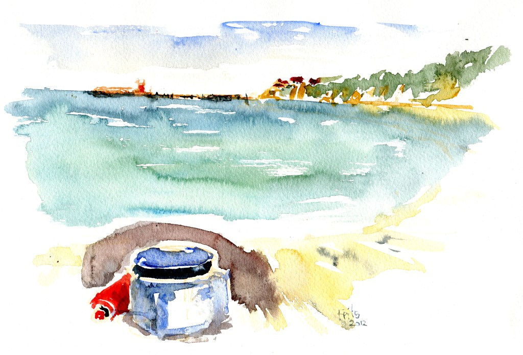 Arnager, whisperlite akvarel - Watercolor by Frits Ahlefeldt Bornholm Coast path