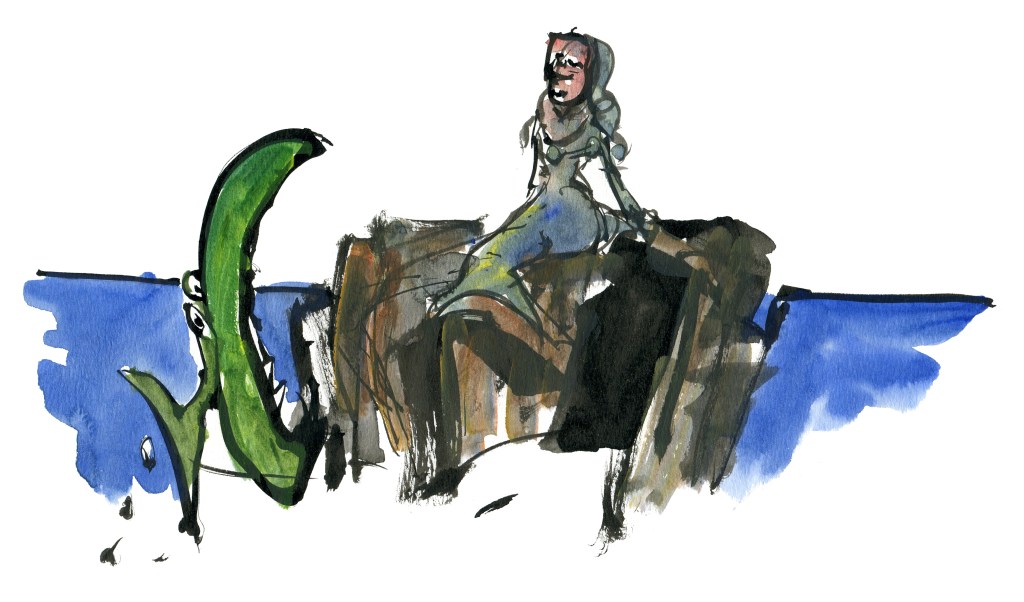 Mermaid and fish, akvarel - Watercolor by Frits Ahlefeldt Bornholm Coast path