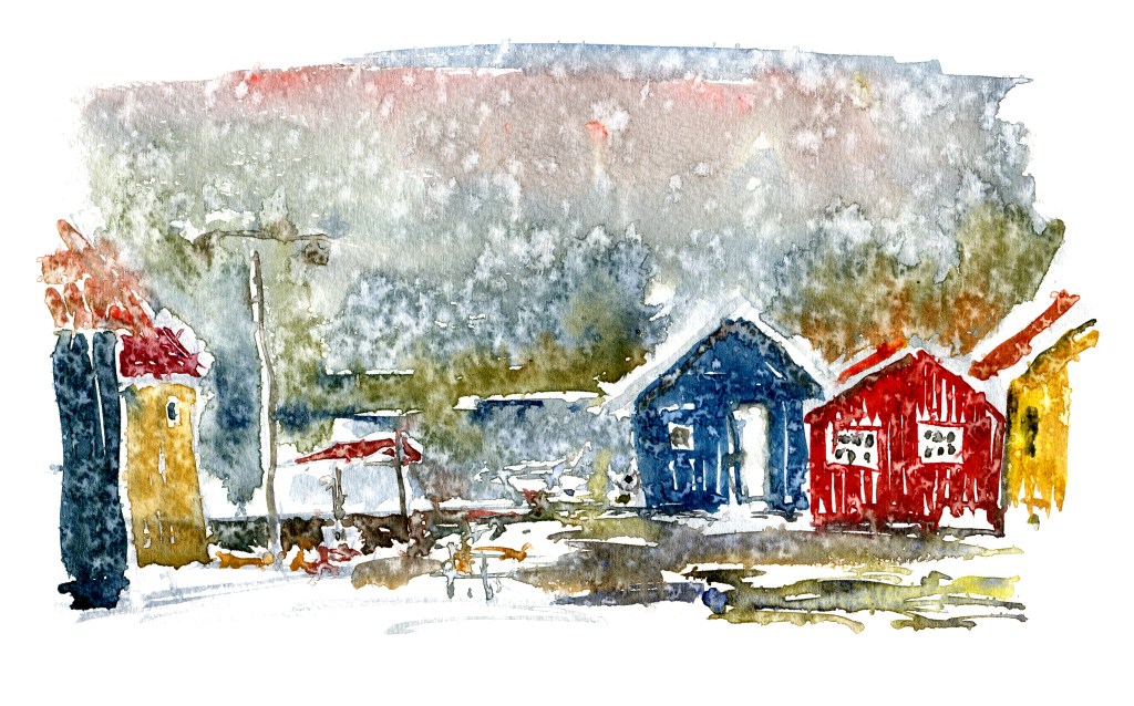 Nexø, houses in rain. akvarel - Watercolor by Frits Ahlefeldt Bornholm Coast path