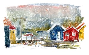 Nexø, houses in rain. akvarel - Watercolor by Frits Ahlefeldt Bornholm Coast path