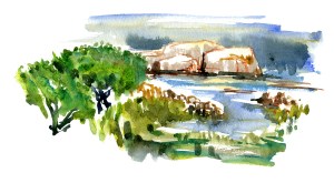 akvarel - Watercolor by Frits Ahlefeldt Bornholm Coast path