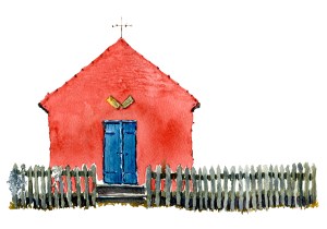 snogebaek, red house, akvarel - Watercolor by Frits Ahlefeldt Bornholm Coast path