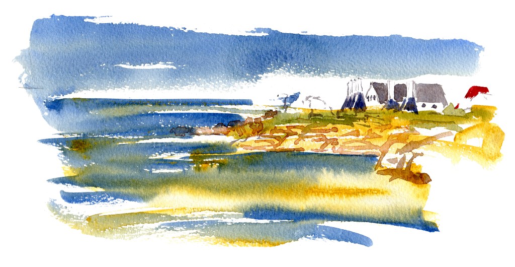 Svaneke, smokehouses, akvarel - Watercolor by Frits Ahlefeldt Bornholm Coast path