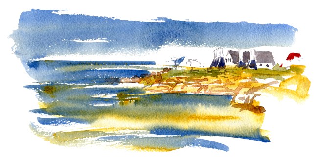 Svaneke, smokehouses, akvarel - Watercolor by Frits Ahlefeldt Bornholm Coast path