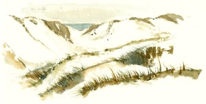 dueodde, beach, akvarel - Watercolor by Frits Ahlefeldt Bornholm Coast path