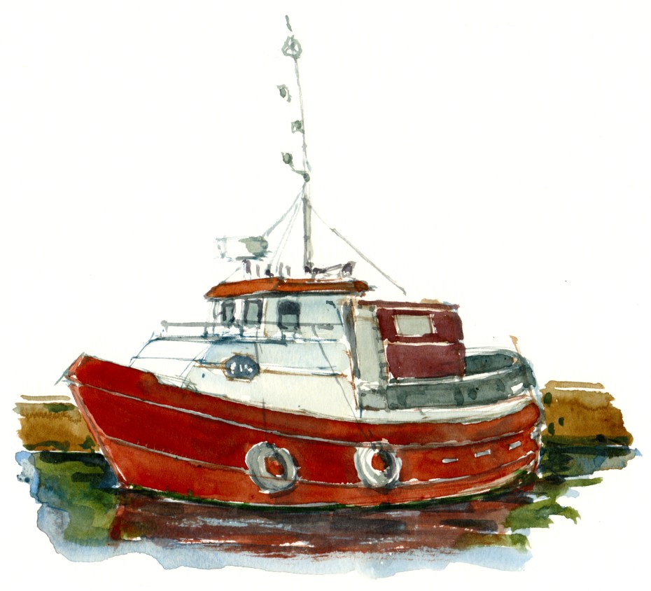 fiskekutter, akvarel - Watercolor by Frits Ahlefeldt Bornholm Coast path