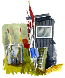 Shack, akvarel - Watercolor by Frits Ahlefeldt Bornholm Coast path