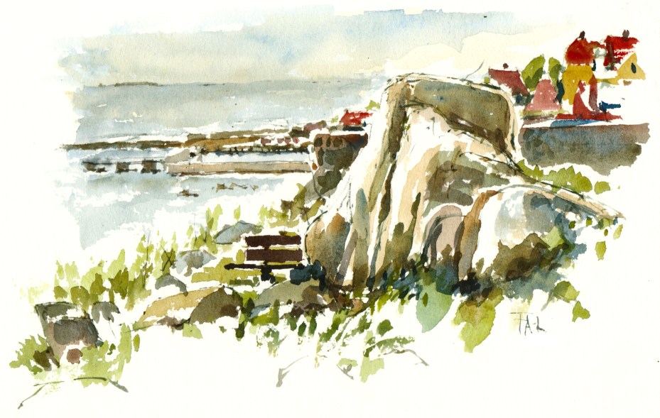 Gudhjem, akvarel - Watercolor by Frits Ahlefeldt Bornholm Coast path