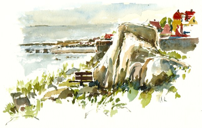 Gudhjem, akvarel - Watercolor by Frits Ahlefeldt Bornholm Coast path