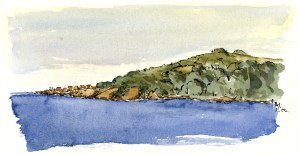 Gudhjem from a distance, akvarel - Watercolor by Frits Ahlefeldt Bornholm Coast path