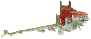 Hammershus castle ruin, akvarel - Watercolor by Frits Ahlefeldt Bornholm Coast path