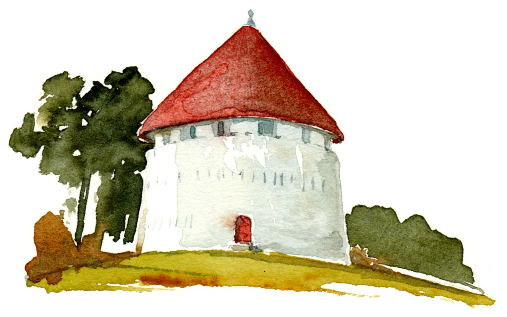 Roenne defense tower, kastel, akvarel - Watercolor by Frits Ahlefeldt Bornholm Coast path