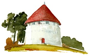 Roenne defense tower, kastel, akvarel - Watercolor by Frits Ahlefeldt Bornholm Coast path