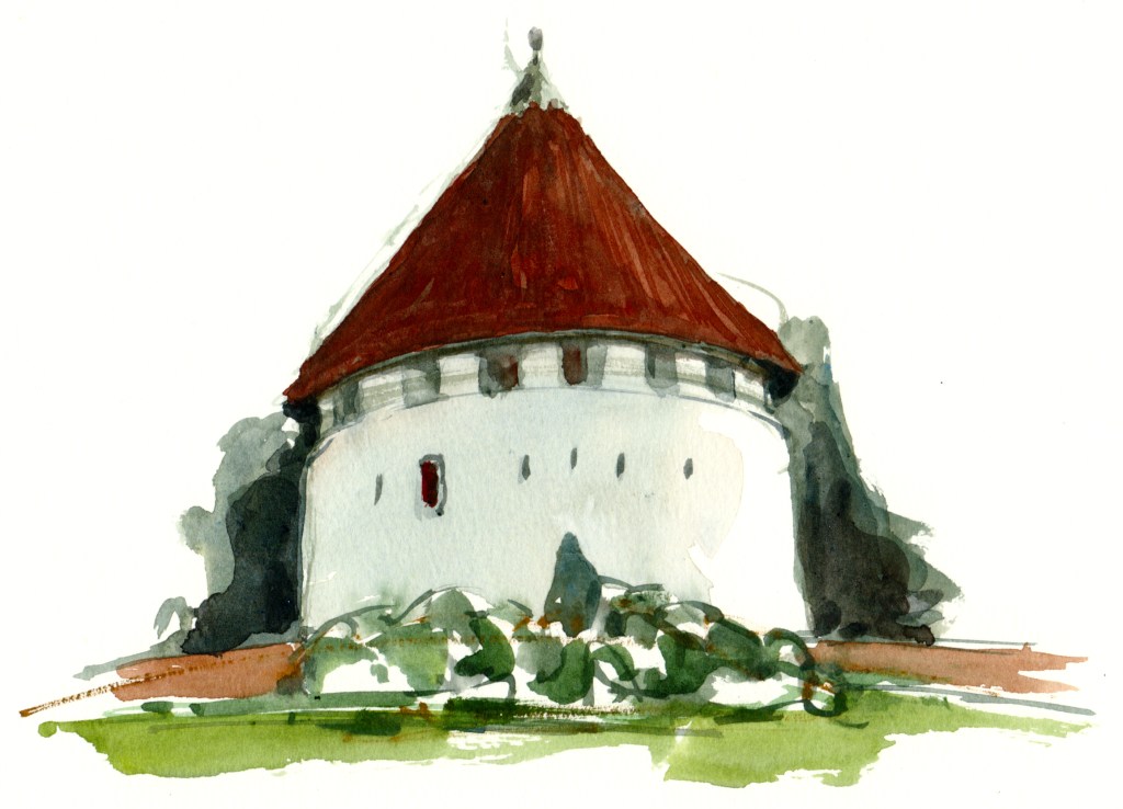Rønne kastel, defense tower, akvarel - Watercolor by Frits Ahlefeldt Bornholm Coast path