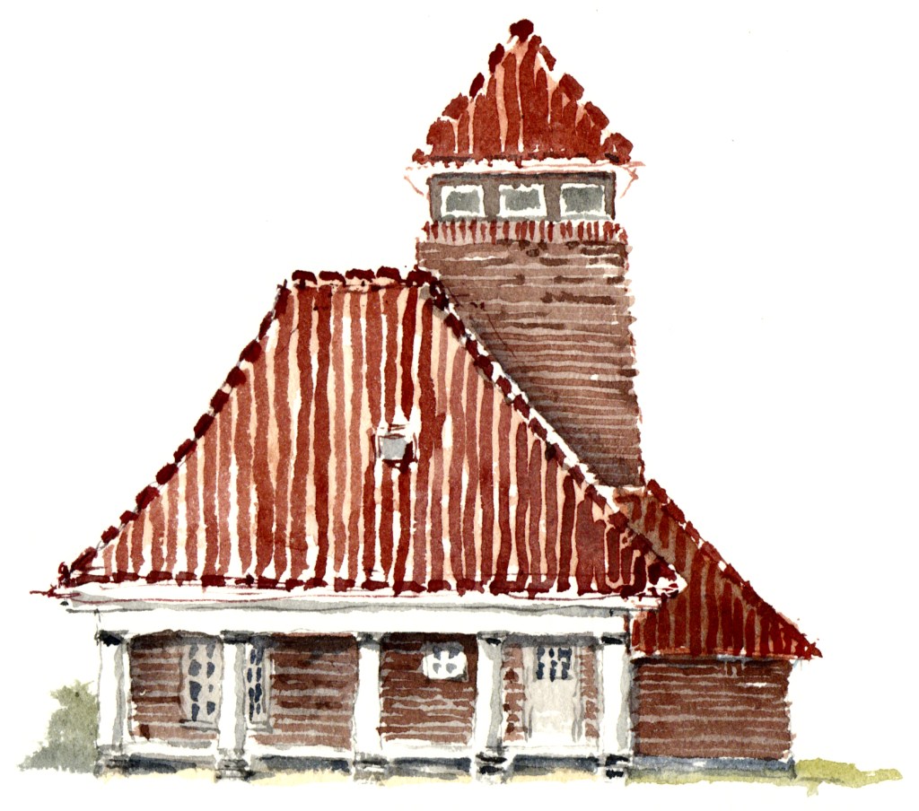 rødt hus, havnen, Rønne akvarel - Watercolor by Frits Ahlefeldt Bornholm Coast path