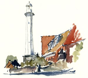 Rønne, harbor light, akvarel - Watercolor by Frits Ahlefeldt Bornholm Coast path