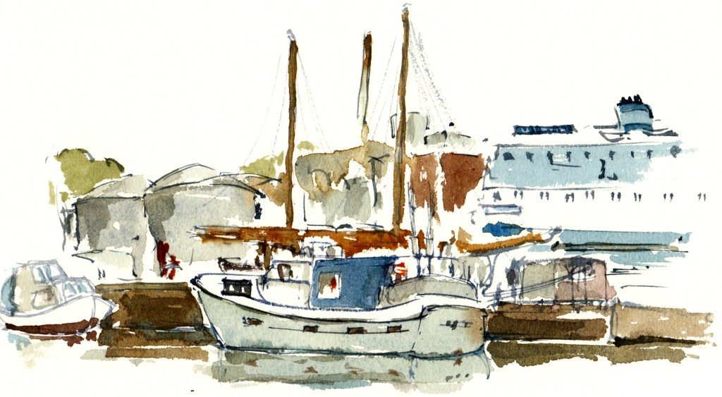 Roenne, akvarel - Watercolor by Frits Ahlefeldt Bornholm Coast path