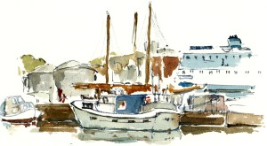 Roenne, akvarel - Watercolor by Frits Ahlefeldt Bornholm Coast path