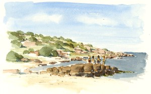 Sandvig strand. Beach with kids. akvarel - Watercolor by Frits Ahlefeldt Bornholm Coast path