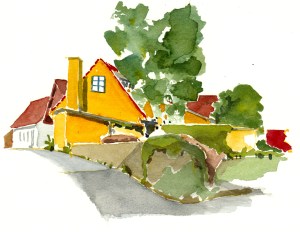 Sandvig, akvarel - Watercolor by Frits Ahlefeldt Bornholm Coast path