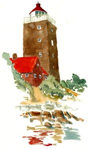 Svaneke fyr. akvarel - Watercolor by Frits Ahlefeldt Bornholm Coast path