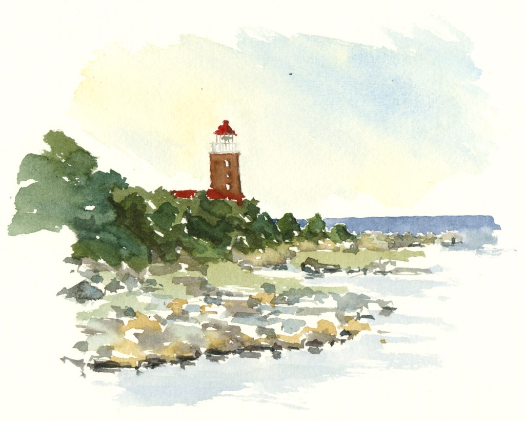 Svaneke fyr, akvarel - Watercolor by Frits Ahlefeldt Bornholm Coast path